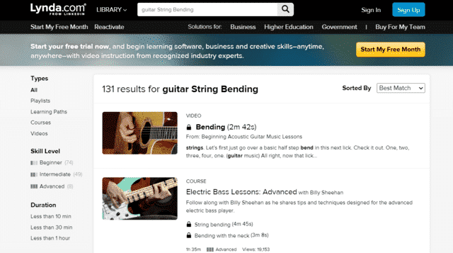 lynda learn guitar string bending lessons online