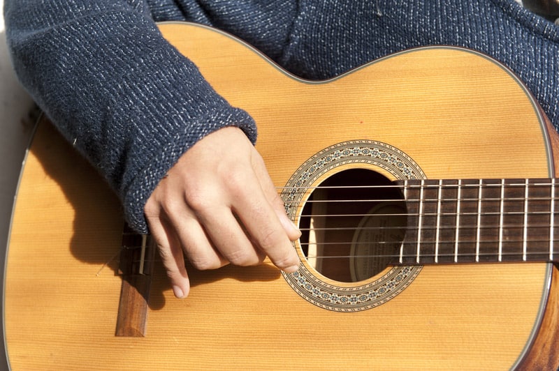 The hand of a person playing a guitar